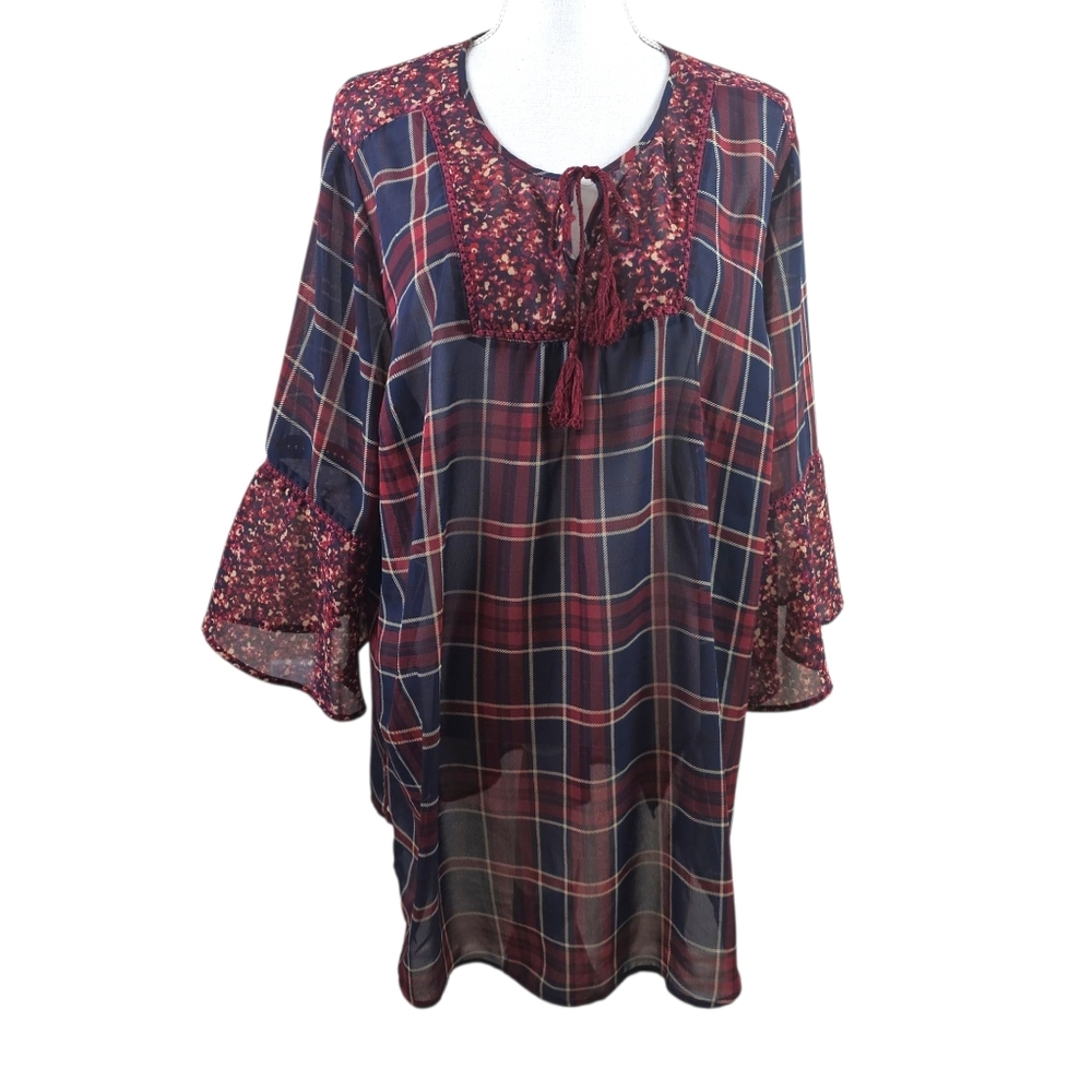Catherines Tartan Plaid Semi Sheer Boho Blouse In 1X (18/20)